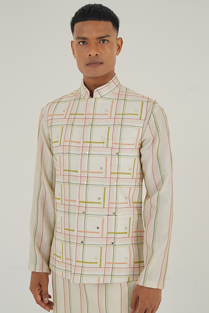 Ivory Silk Thread Embroidered Nehru Jacket by Dhruv Vaish