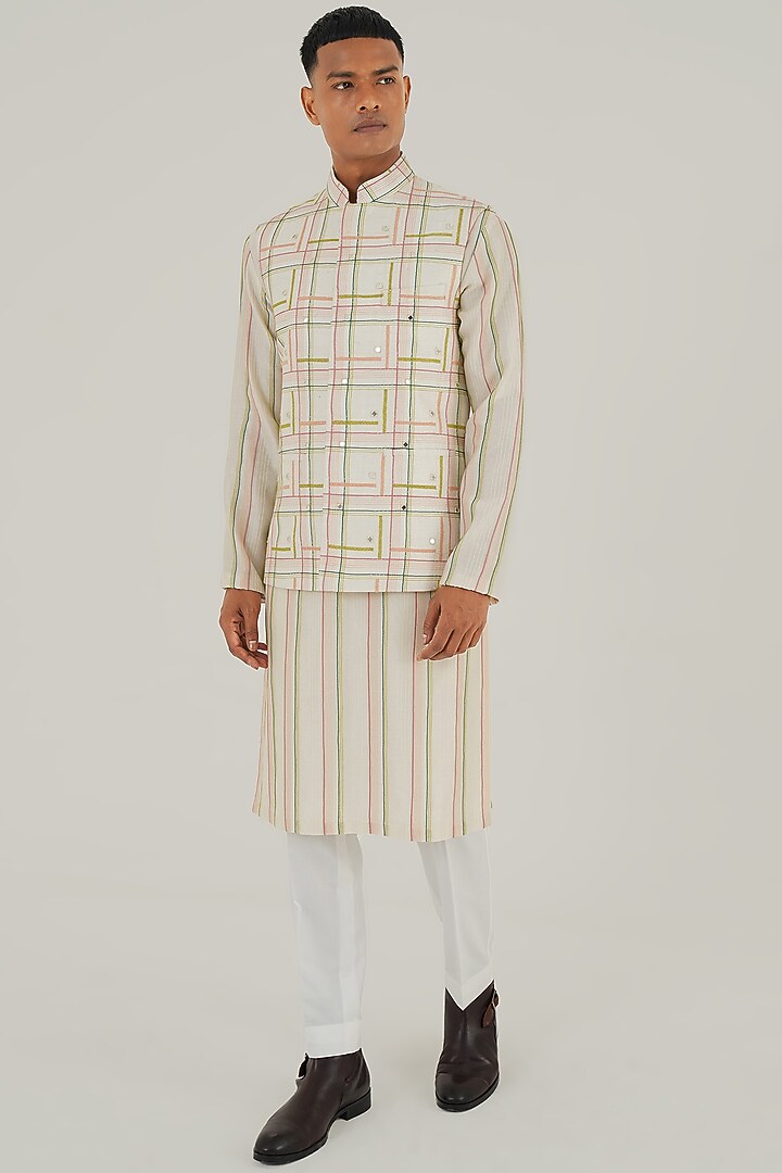 Ivory Silk Thread Embroidered Nehru Jacket by Dhruv Vaish at Pernia's Pop Up Shop