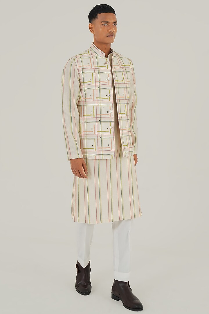 Ivory Silk Thread Embroidered Nehru Jacket by Dhruv Vaish at Pernia's Pop Up Shop