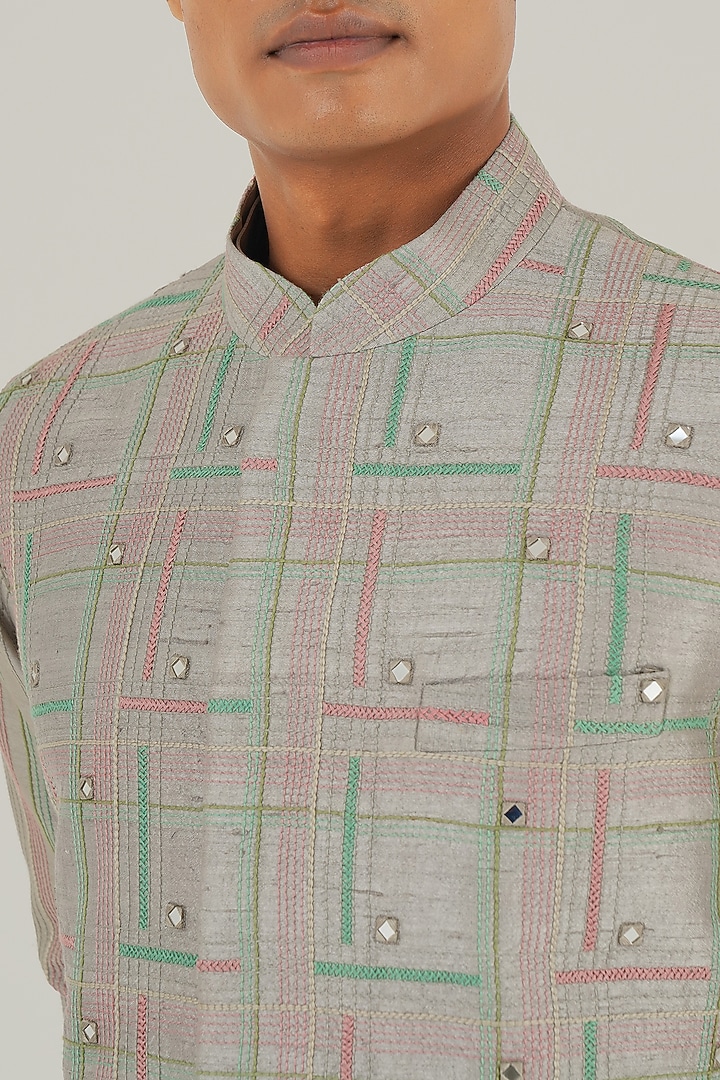 London Fog Silk Thread Embroidered Nehru Jacket by Dhruv Vaish at Pernia's Pop Up Shop