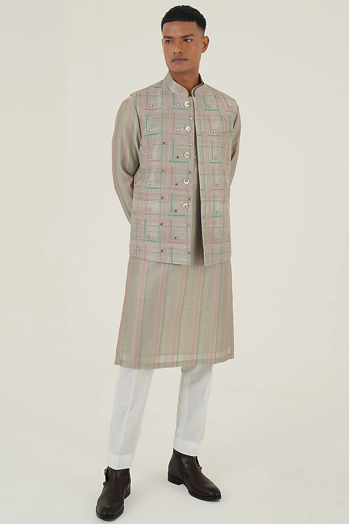 London Fog Silk Thread Embroidered Nehru Jacket by Dhruv Vaish at Pernia's Pop Up Shop
