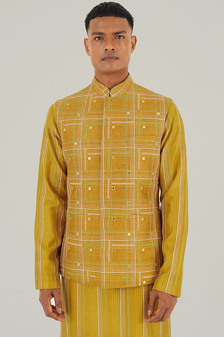 Marigold Silk Thread Embroidered Nehru Jacket by Dhruv Vaish