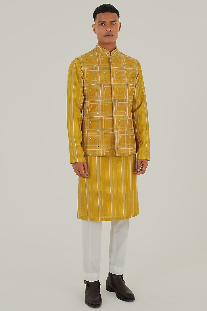 Marigold Silk Thread Embroidered Nehru Jacket by Dhruv Vaish at Pernia's Pop Up Shop