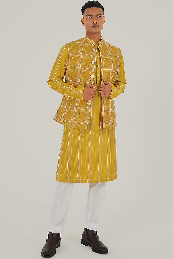 Marigold Silk Thread Embroidered Nehru Jacket by Dhruv Vaish at Pernia's Pop Up Shop
