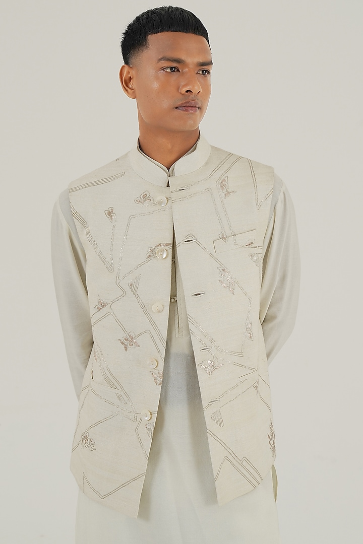 Ivory Silk Geometric Embroidered Nehru Jacket by Dhruv Vaish