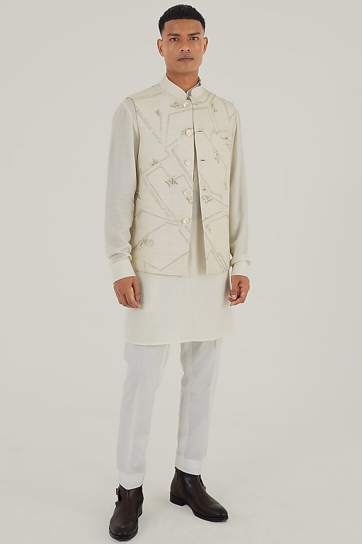 Ivory Silk Geometric Embroidered Nehru Jacket by Dhruv Vaish at Pernia's Pop Up Shop