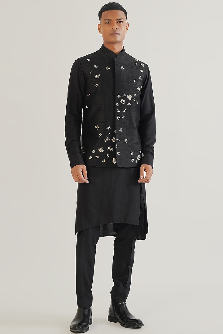 Black Silk Hand Embroidered Nehru Jacket by Dhruv Vaish at Pernia's Pop Up Shop