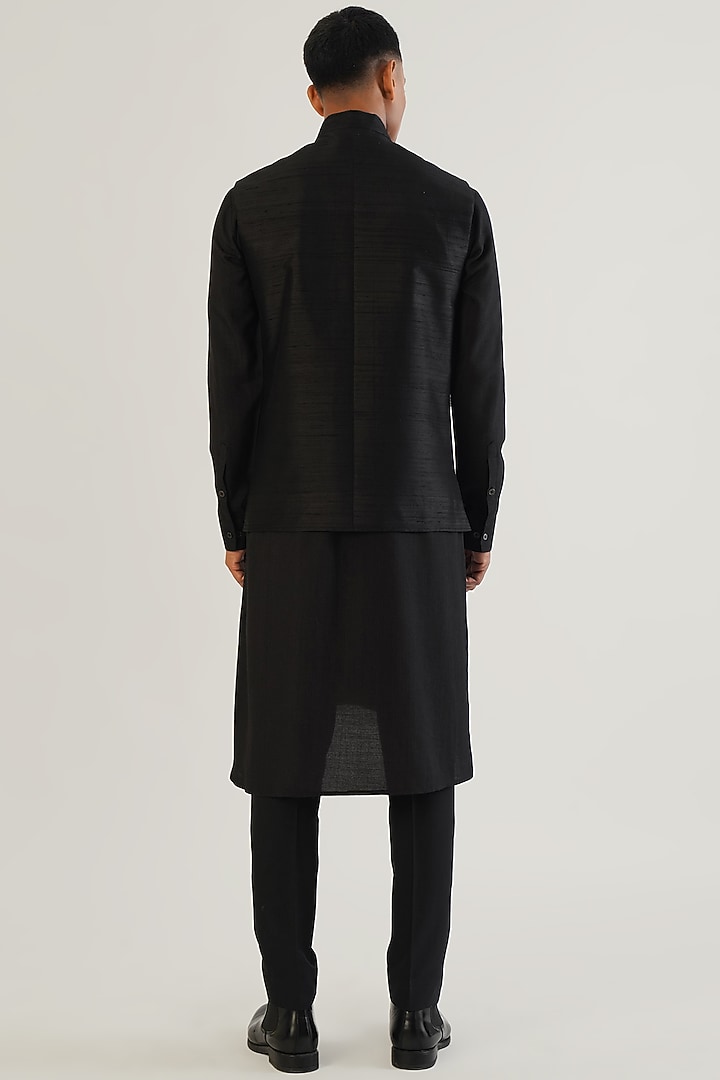 Black Silk Hand Embroidered Nehru Jacket by Dhruv Vaish at Pernia's Pop Up Shop