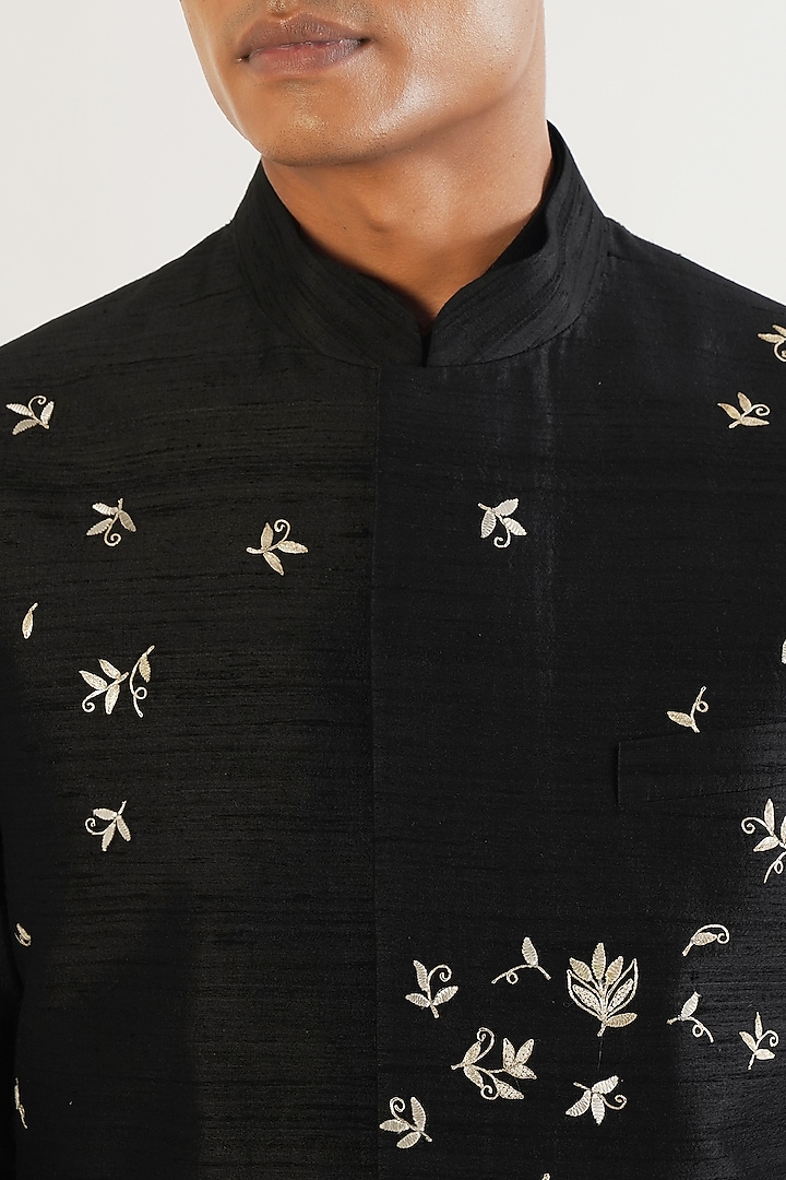 Black Silk Hand Embroidered Nehru Jacket by Dhruv Vaish at Pernia's Pop Up Shop