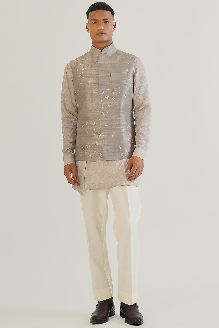 London Fog Silk Hand Embroidered Nehru Jacket by Dhruv Vaish