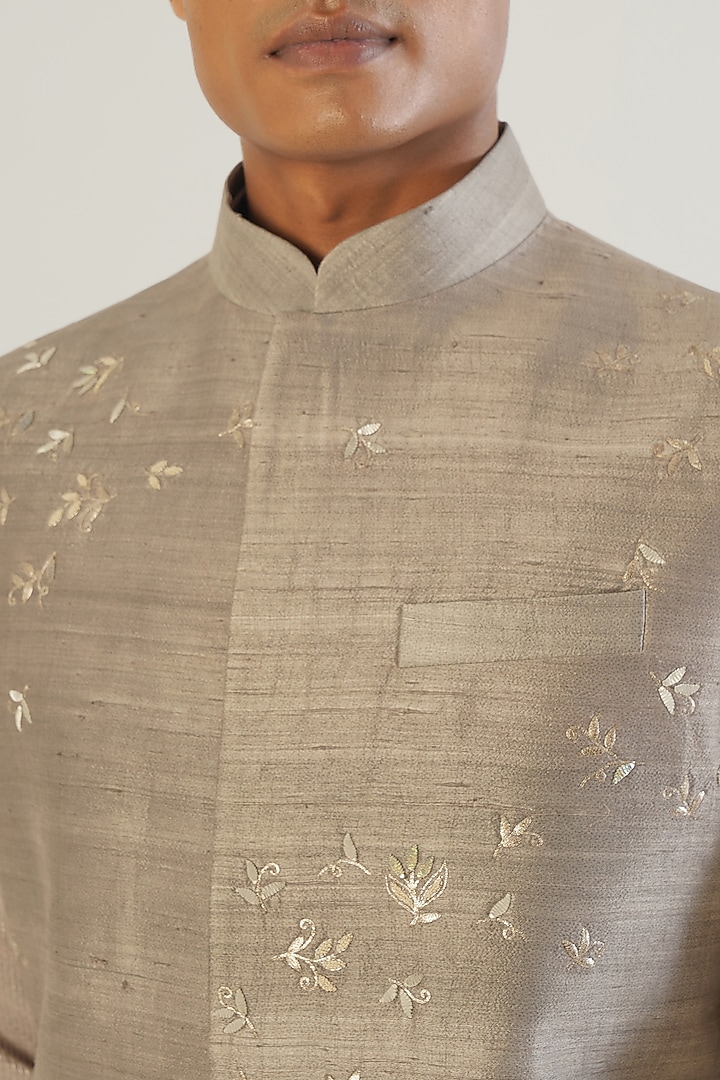 London Fog Silk Hand Embroidered Nehru Jacket by Dhruv Vaish at Pernia's Pop Up Shop