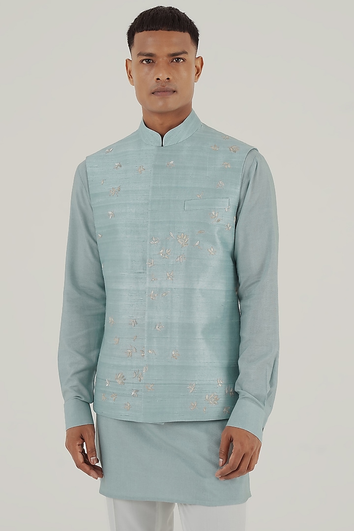 Powder Blue Silk Hand Embroidered Nehru Jacket by Dhruv Vaish