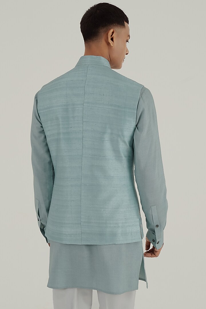 Powder Blue Silk Hand Embroidered Nehru Jacket by Dhruv Vaish at Pernia's Pop Up Shop
