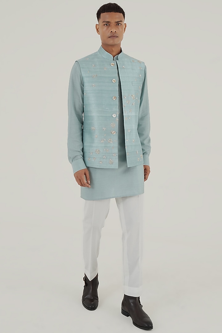 Powder Blue Silk Hand Embroidered Nehru Jacket by Dhruv Vaish at Pernia's Pop Up Shop