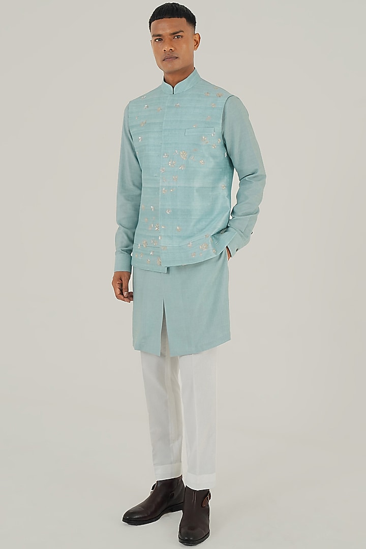 Powder Blue Silk Hand Embroidered Nehru Jacket by Dhruv Vaish at Pernia's Pop Up Shop