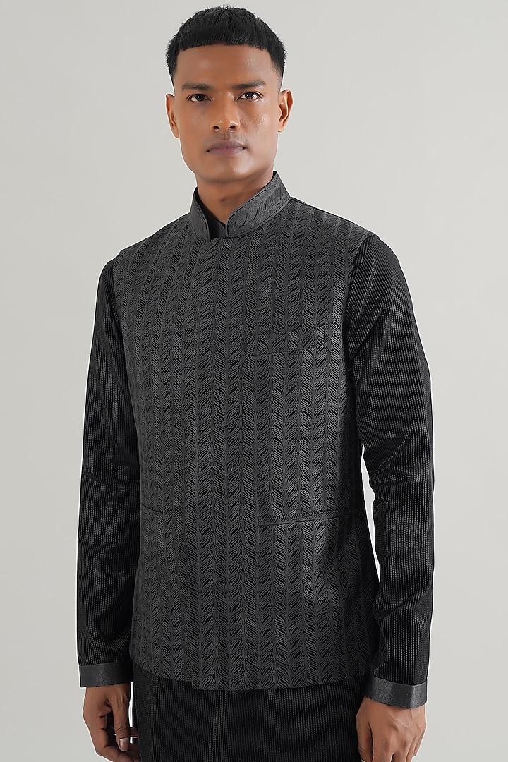 Black Silk Thread Embroidered Nehru Jacket by Dhruv Vaish at Pernia's Pop Up Shop