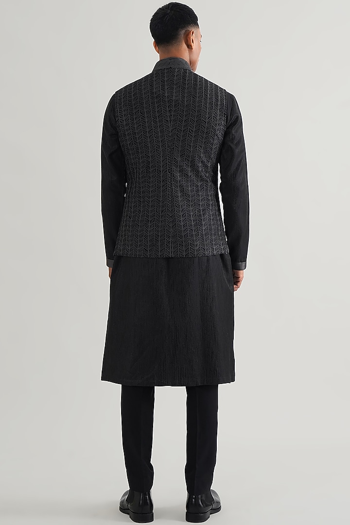 Black Silk Thread Embroidered Nehru Jacket by Dhruv Vaish at Pernia's Pop Up Shop