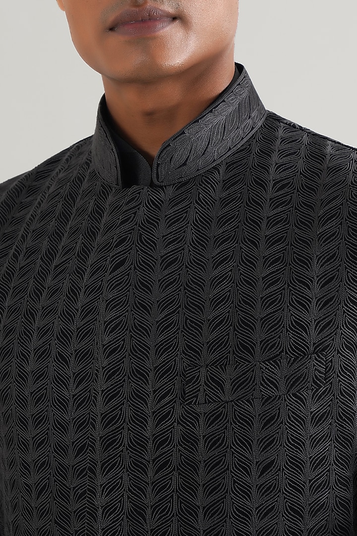 Black Silk Thread Embroidered Nehru Jacket by Dhruv Vaish at Pernia's Pop Up Shop