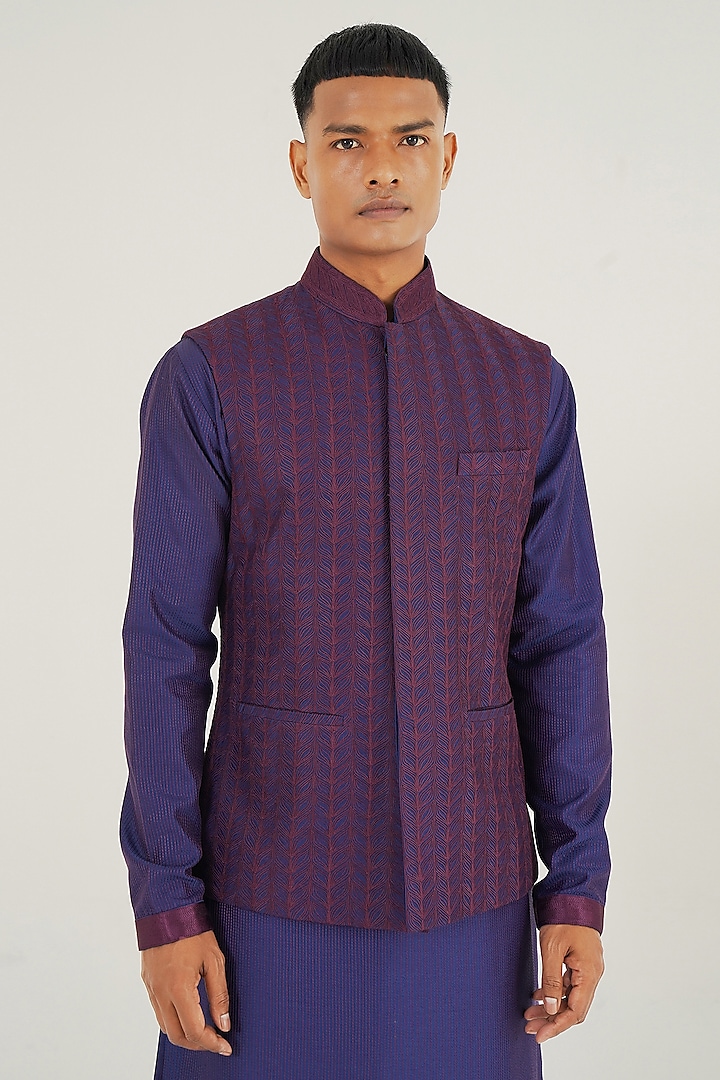 Ocean Blue Silk Thread Embroidered Nehru Jacket by Dhruv Vaish at Pernia's Pop Up Shop