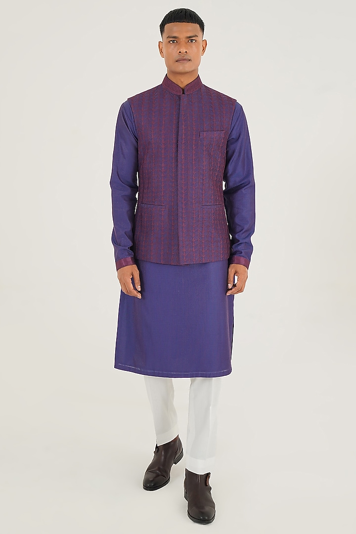 Ocean Blue Silk Thread Embroidered Nehru Jacket by Dhruv Vaish at Pernia's Pop Up Shop