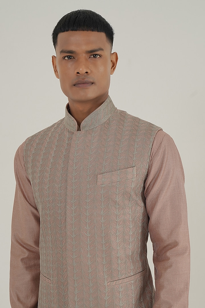 Onion Pink Silk Thread Embroidered Nehru Jacket by Dhruv Vaish at Pernia's Pop Up Shop