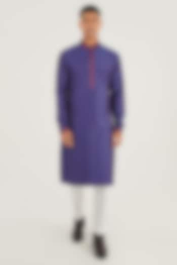 Ocean Blue Cotton Silk Chanderi Hand Embroidered Kurta Set by Dhruv Vaish at Pernia's Pop Up Shop