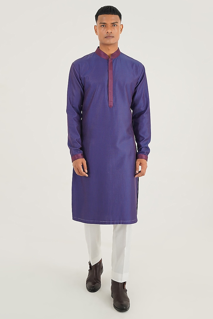 Ocean Blue Cotton Silk Chanderi Hand Embroidered Kurta Set by Dhruv Vaish at Pernia's Pop Up Shop