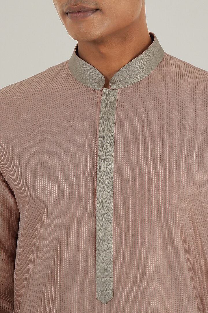 Onion Pink Cotton Silk Chanderi Hand Embroidered Kurta Set by Dhruv Vaish at Pernia's Pop Up Shop