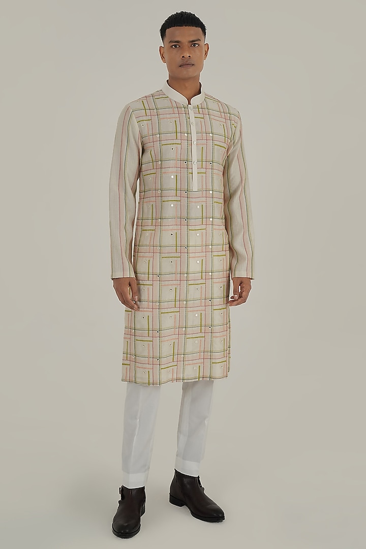 Ivory Cotton Silk Chanderi Thread Embroidered Kurta Set by Dhruv Vaish at Pernia's Pop Up Shop