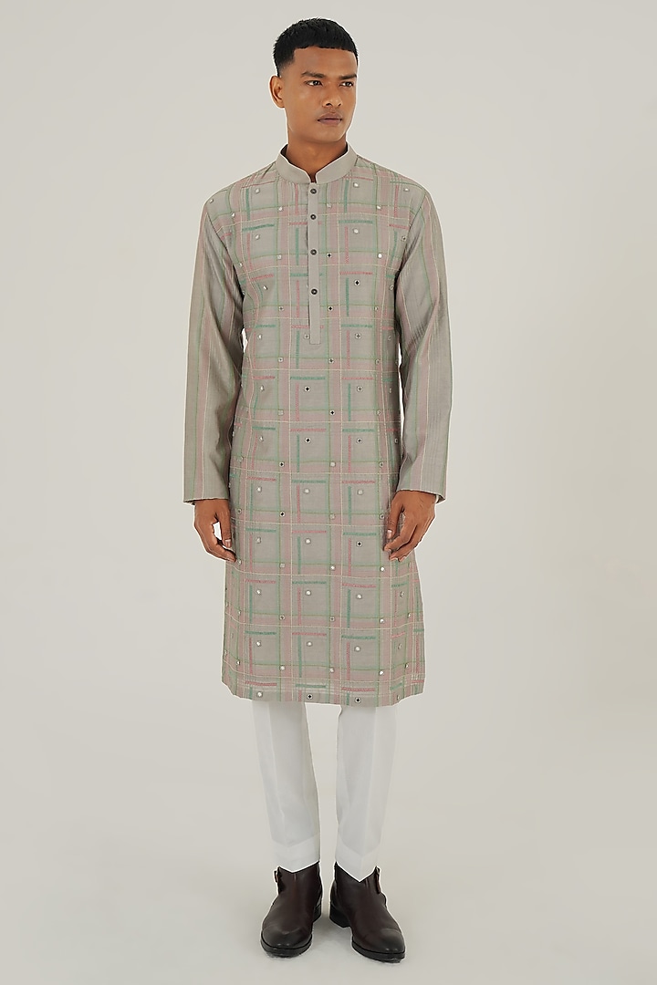 London Fog Cotton Silk Chanderi Thread Embroidered Kurta Set by Dhruv Vaish at Pernia's Pop Up Shop