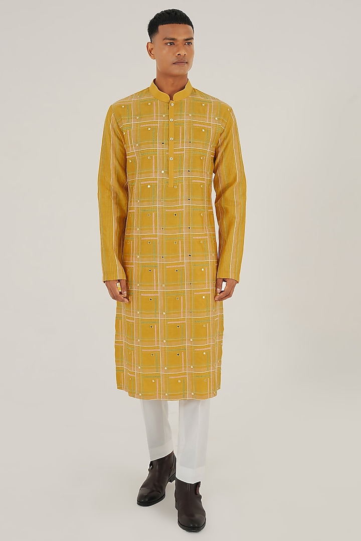 Marigold Cotton Silk Chanderi Thread Embroidered Kurta Set by Dhruv Vaish at Pernia's Pop Up Shop