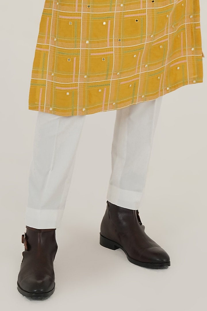 Marigold Cotton Silk Chanderi Thread Embroidered Kurta Set by Dhruv Vaish at Pernia's Pop Up Shop