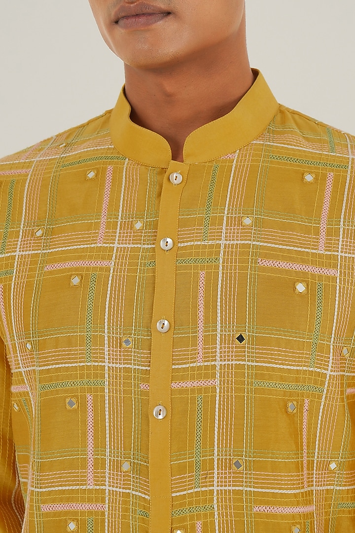 Marigold Cotton Silk Chanderi Thread Embroidered Kurta Set by Dhruv Vaish at Pernia's Pop Up Shop
