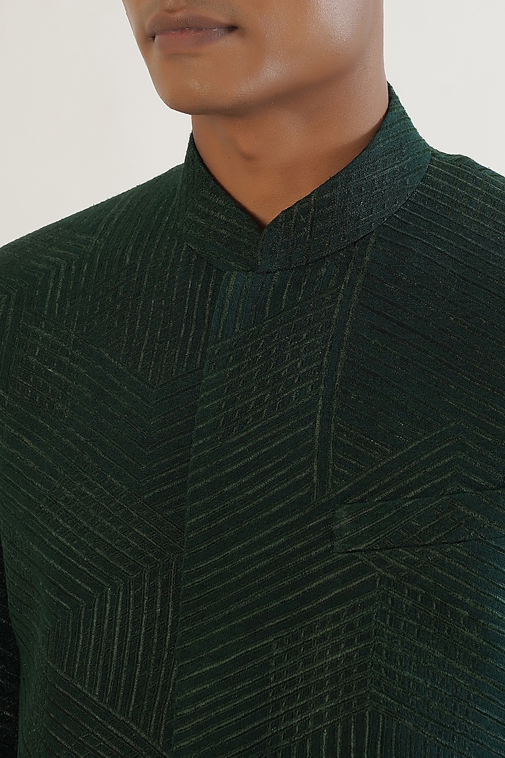 Bottle Green Silk Tonal Lace Embroidered Wedding Bandhgala by Dhruv Vaish at Pernia's Pop Up Shop