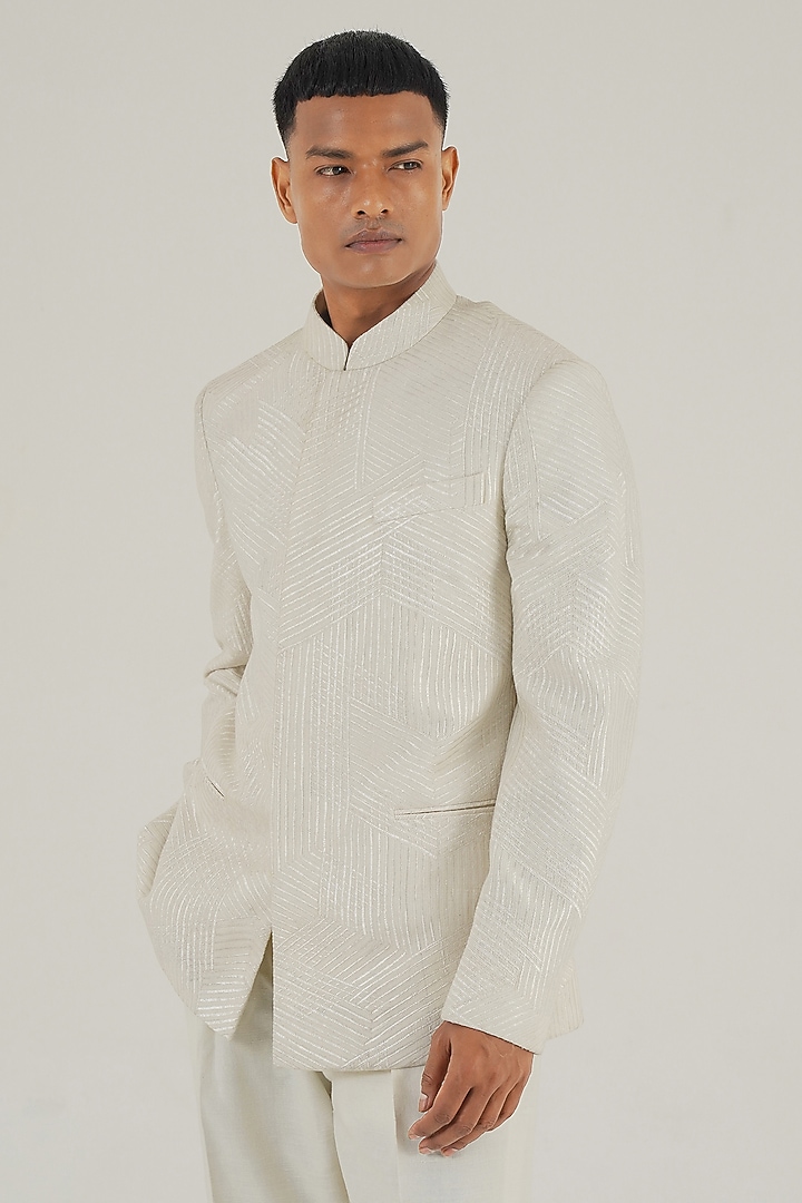Ivory Silk Tonal Lace Embroidered Wedding Bandhgala by Dhruv Vaish at Pernia's Pop Up Shop