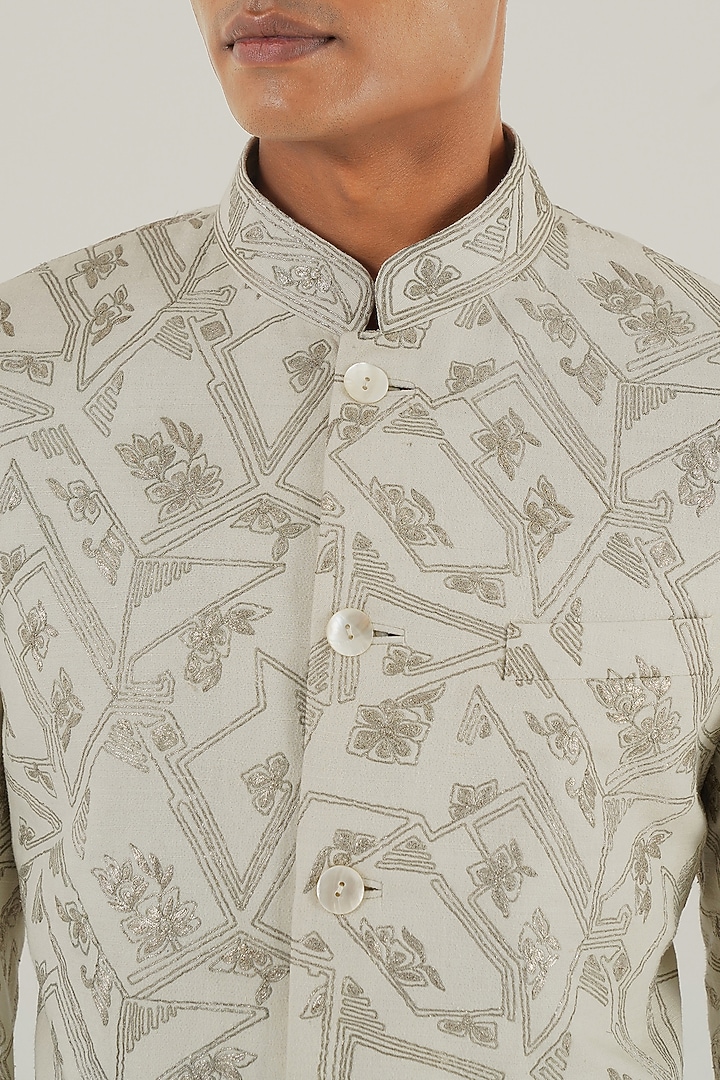 Ivory Silk Zari Embroidered Groom Bandhgala by Dhruv Vaish at Pernia's Pop Up Shop