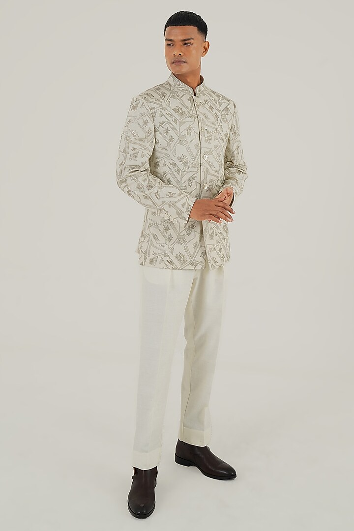 Ivory Silk Zari Embroidered Groom Bandhgala by Dhruv Vaish at Pernia's Pop Up Shop