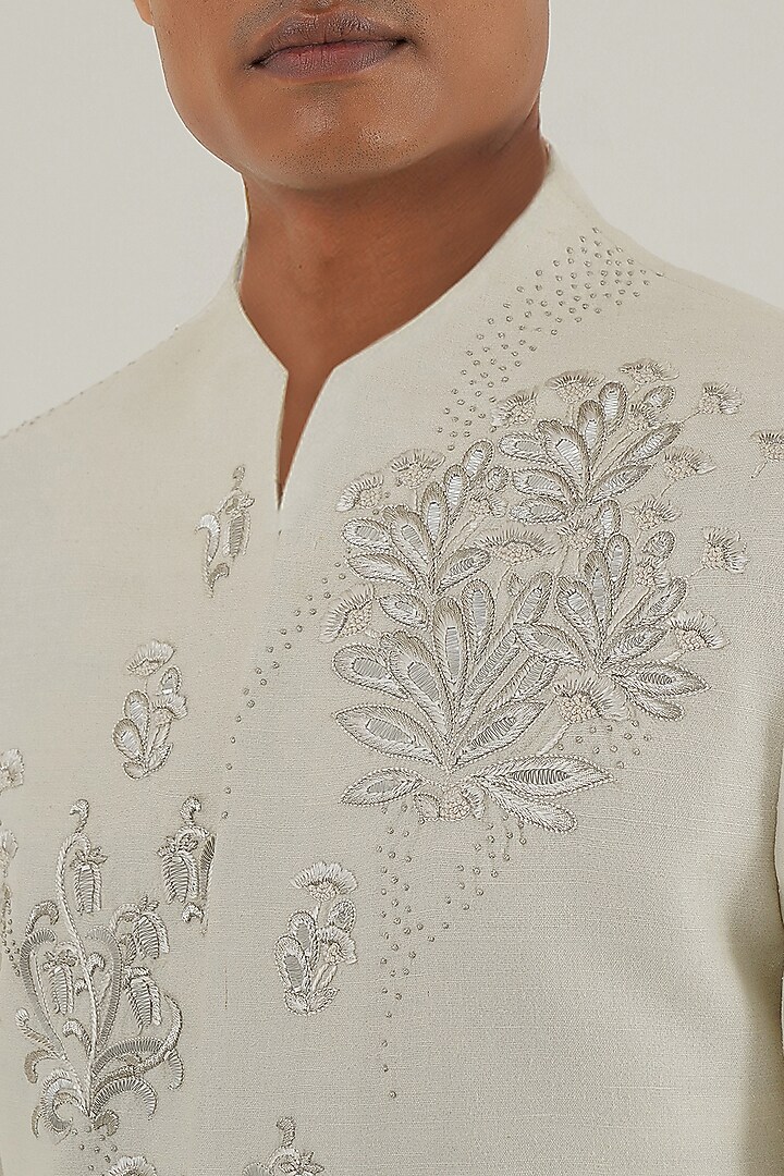 Ivory Silk Zari Motifs Embroidered Groom Sherwani by Dhruv Vaish at Pernia's Pop Up Shop