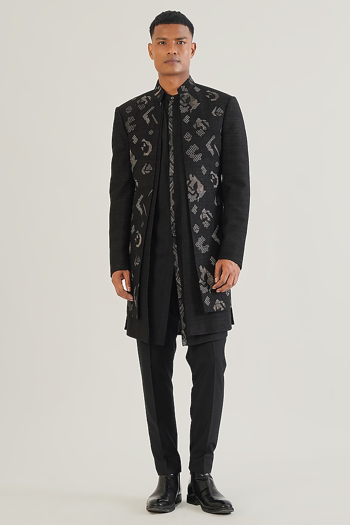 Black Silk Hand Embroidered Wedding Sherwani Set by Dhruv Vaish at Pernia's Pop Up Shop