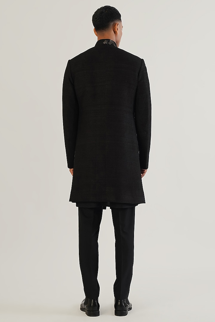 Black Silk Hand Embroidered Wedding Sherwani Set by Dhruv Vaish at Pernia's Pop Up Shop