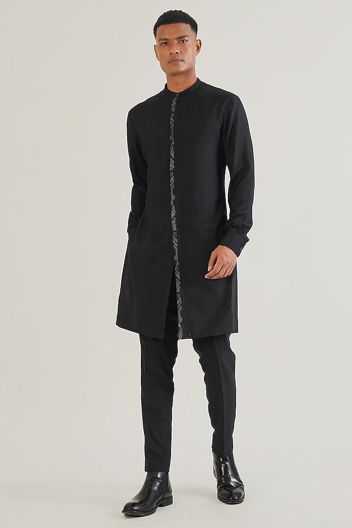 Black Silk Hand Embroidered Wedding Sherwani Set by Dhruv Vaish at Pernia's Pop Up Shop