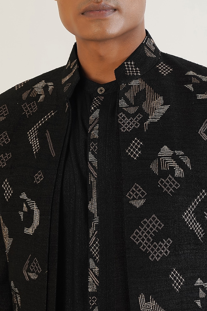 Black Silk Hand Embroidered Wedding Sherwani Set by Dhruv Vaish at Pernia's Pop Up Shop