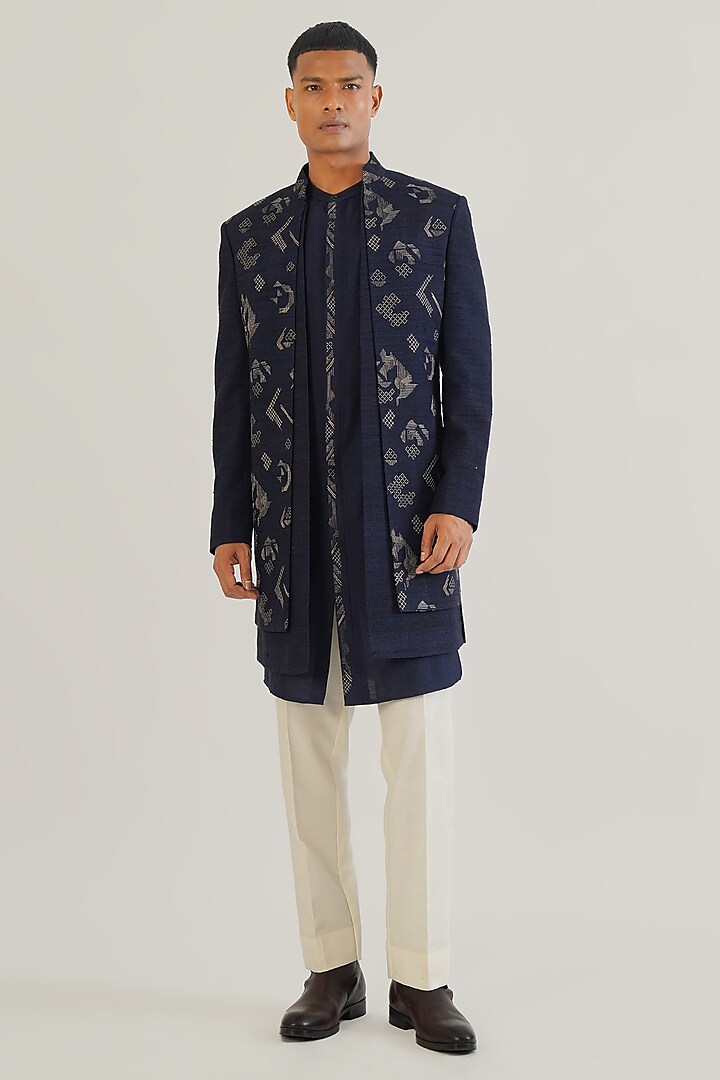 Navy Silk Hand Embroidered Wedding Sherwani Set by Dhruv Vaish at Pernia's Pop Up Shop