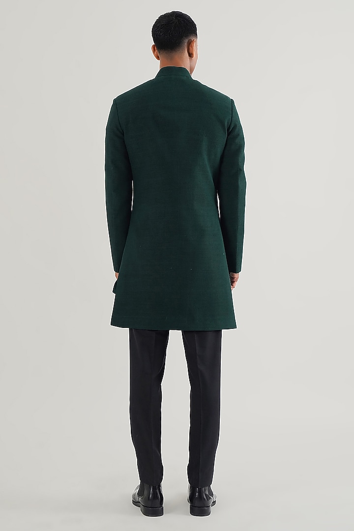 Bottle Green Silk Pintuck Wedding Sherwani Set by Dhruv Vaish at Pernia's Pop Up Shop