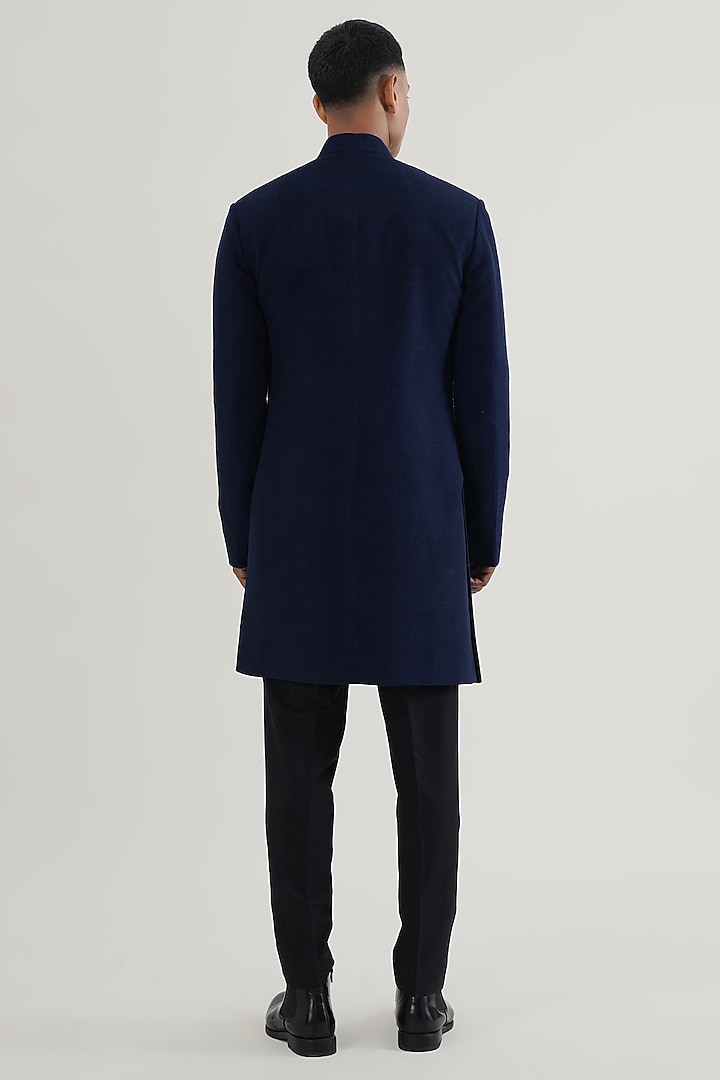 Navy Silk Pintuck Wedding Sherwani Set by Dhruv Vaish at Pernia's Pop Up Shop