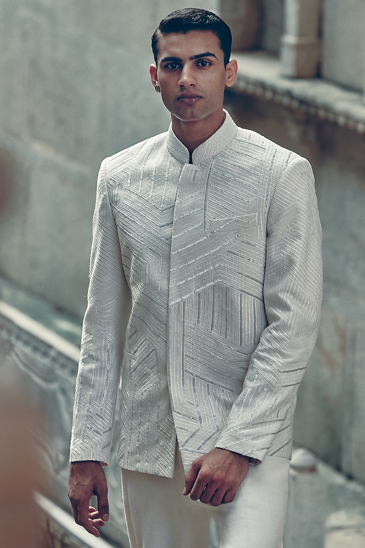 Ivory Silk Embroidered Bandhgala Jacket by Dhruv Vaish at Pernia's Pop Up Shop