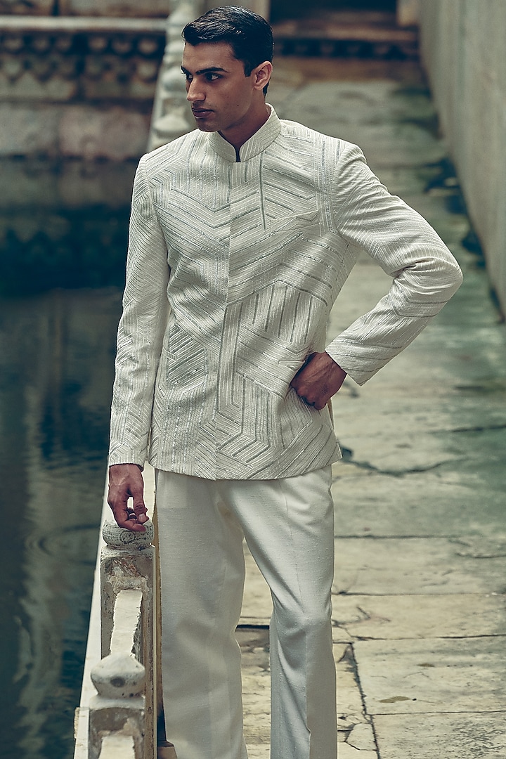 Ivory Silk Embroidered Groom Bandhgala Jacket by Dhruv Vaish at Pernia's Pop Up Shop