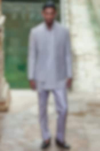 London Fog Silk Pintucks Bandhgala Jacket by Dhruv Vaish