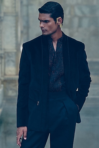 Black Velvet Indowestern Jacket by Dhruv Vaish