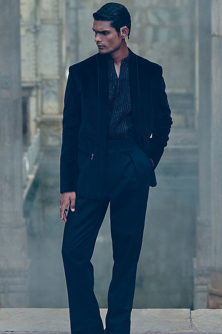 Black Velvet Wedding Indowestern Jacket by Dhruv Vaish at Pernia's Pop Up Shop
